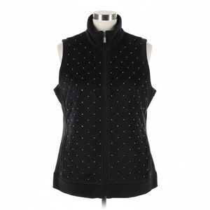 Quacker Factory 1X Black Quilted Vest‎ Rhinestone Zip Embellish Bling Sleeveless